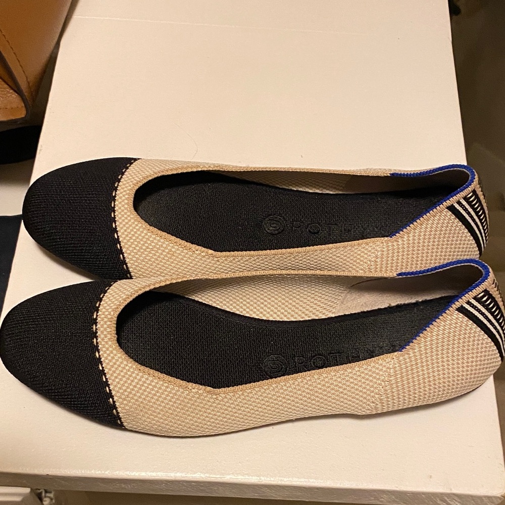 Rothy's Black and Cream Flats with Blue Accents - Picture 2 of 5